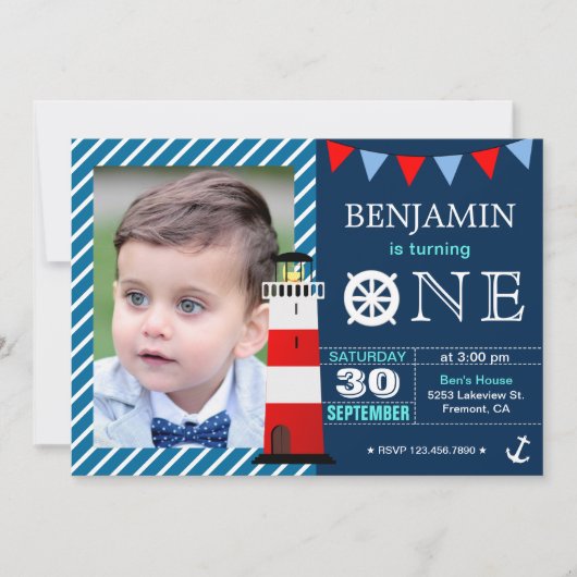 赤青マリン ベイビーボーイ 1歳誕生日パーティー 招待状 (正面)