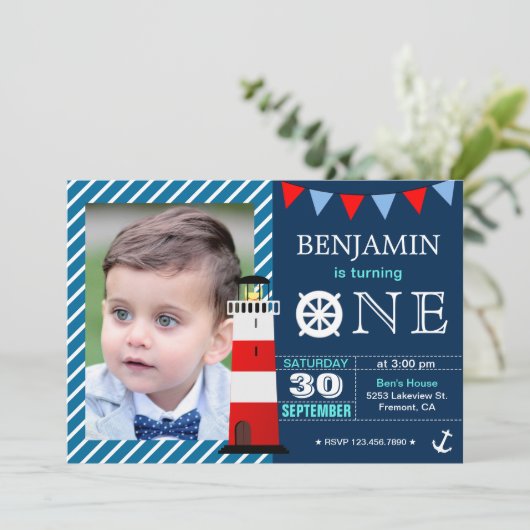 赤青マリン ベイビーボーイ 1歳誕生日パーティー 招待状 (スタンド正面)