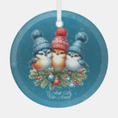 赤青帽子の三羽の鳴鳥 ガラスオーナメント (正面)