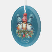 赤青帽子の三羽の鳴鳥 ガラスオーナメント (正面左)