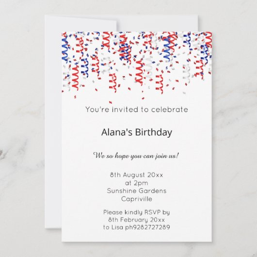赤青白の愛国的なストリーマー誕生日 招待状 (正面)