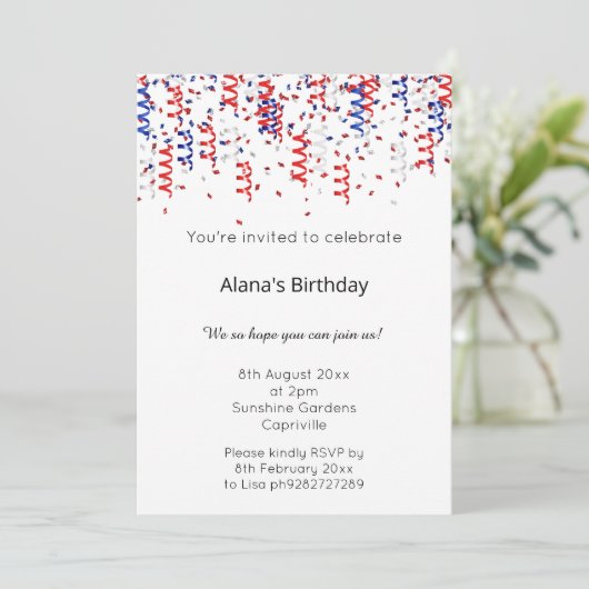 赤青白の愛国的なストリーマー誕生日 招待状 (スタンド正面)