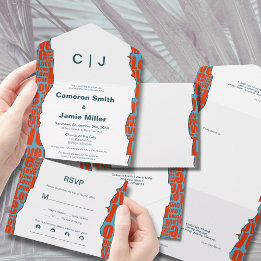 赤青結婚不規則タイポグラフィ縁ど オールインワン招待状