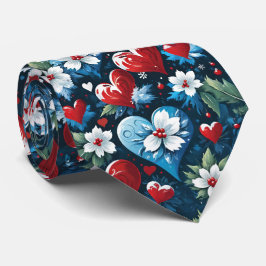 赤青緑のクリスマスハートの花模様 ネクタイ