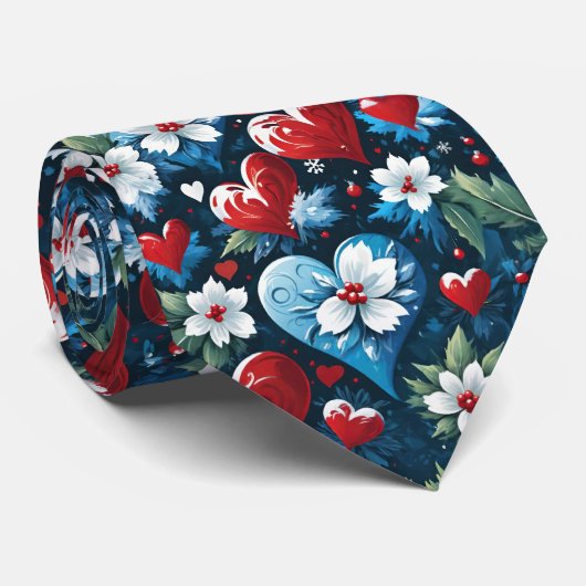 赤青緑のクリスマスハートの花模様 ネクタイ (ロール)