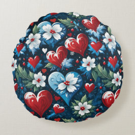 赤青緑のクリスマスハートの花模様 ラウンドクッション