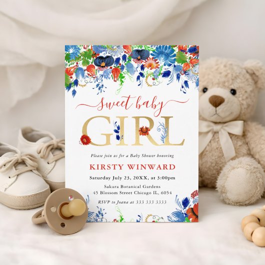 赤青緑の夏の花のベビーシャワー 招待状
