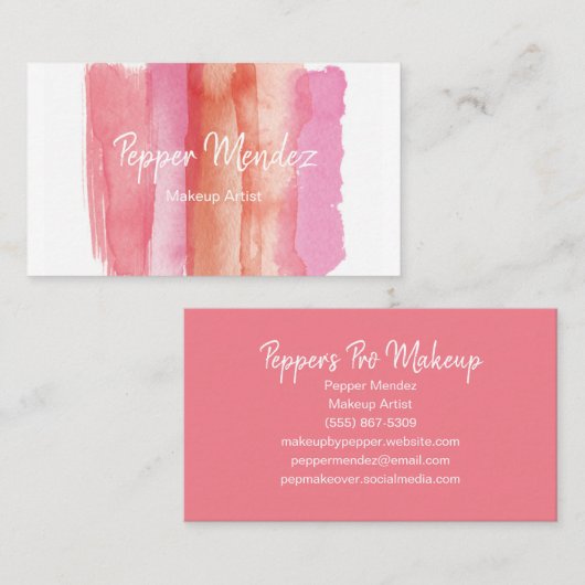 赤面およびショッキングピンクの水彩画のブラシの打撃 名刺 (正面/裏面)