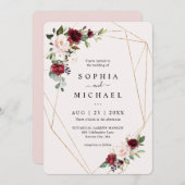 赤面およびワインフローラ金ゴールド幾何学形状結婚の 招待状 (正面/裏面)