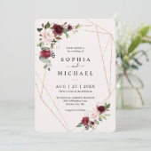 赤面およびワインフローラ金ゴールド幾何学形状結婚の 招待状 (スタンド正面)