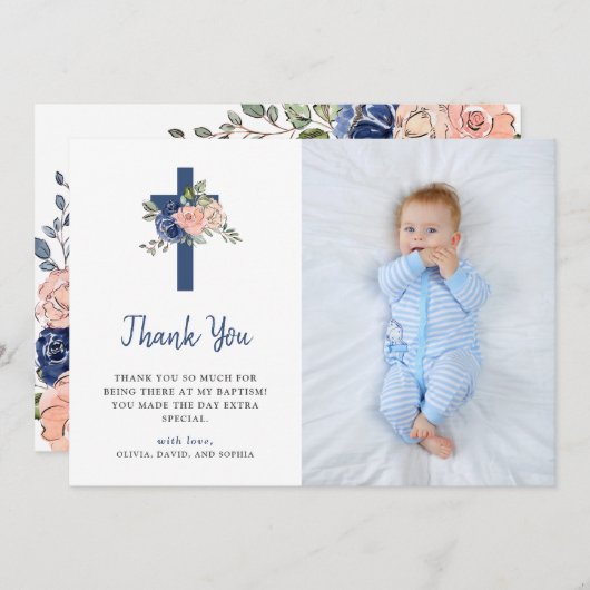 赤面および海軍花柄はおよび|の写真の洗礼を交差させます サンキューカード (正面/裏面)