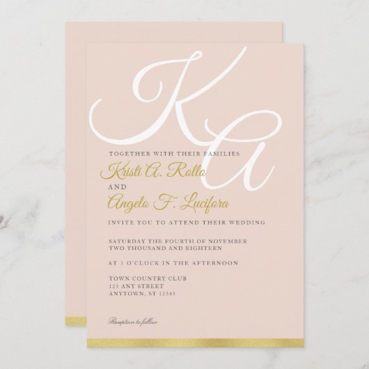 赤面および金ゴールドのモノグラムの結婚式招待状 招待状 (正面/裏面)