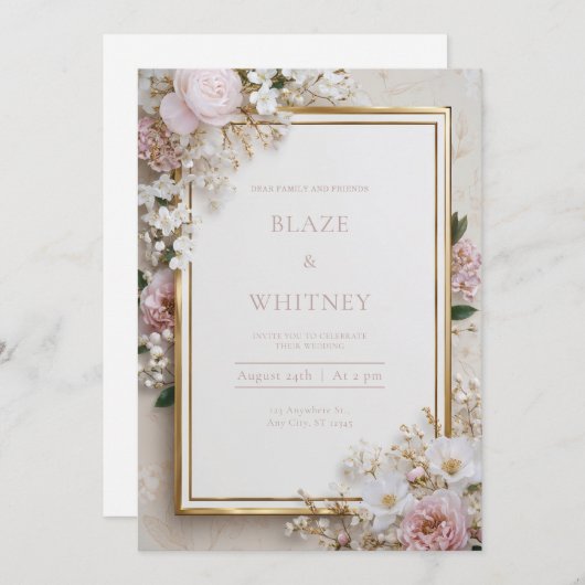赤面および金ゴールドエレガントフローラ結婚の 招待状 (正面/裏面)