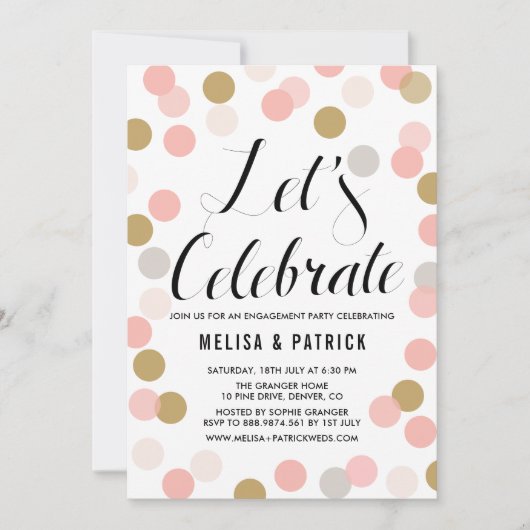 赤面および金ゴールド紙吹雪水玉模様婚約パーティ 招待状 (正面)