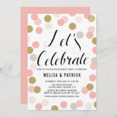 赤面および金ゴールド紙吹雪水玉模様婚約パーティ 招待状 (正面/裏面)