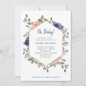 赤面および青い花の幾何学的な|のOhベビーシャワー 招待状 (正面)