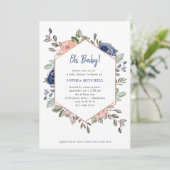 赤面および青い花の幾何学的な|のOhベビーシャワー 招待状 (スタンド正面)