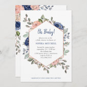 赤面および青い花の幾何学的な|のOhベビーシャワー 招待状 (正面/裏面)