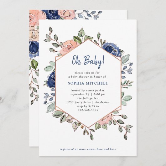 赤面および青い花の幾何学的な|のOhベビーシャワー 招待状 (正面/裏面)