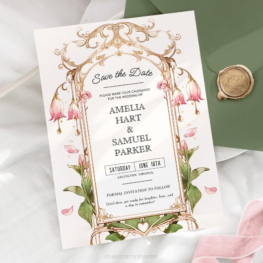 赤面お洒落ピンクと金ゴールドフローラ日付の保存 招待状