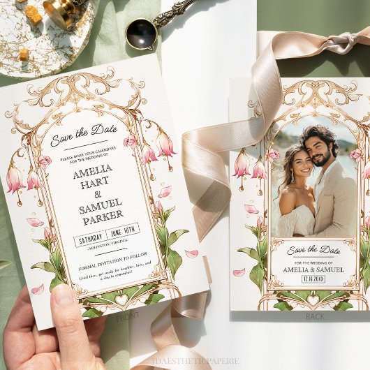 赤面お洒落ピンクと金ゴールドフローラ日付の保存 招待状