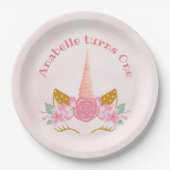 赤面お洒落ピンクユニコーンファースト誕生日 ペーパープレート (正面)