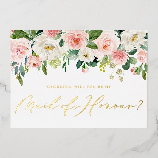 赤面かわいらしの花が私のメイド・オブ・オーナー（花嫁付き添い人） 箔招待状 (正面)