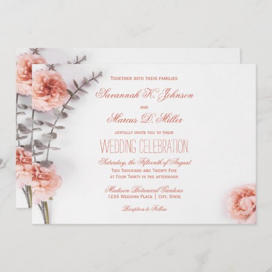 赤面かわいらしカーネーション花フローラ 招待状 (正面/裏面)