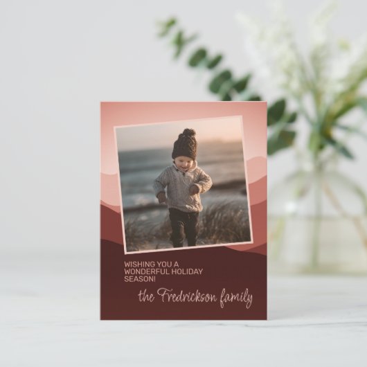 赤面かわいらしコーラルピンク抽象芸術季節のごあいさつ ポストカード (スタンド正面)