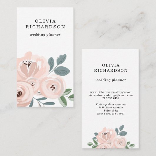 赤面かわいらしピンクの花と埃っぽい青の葉 名刺 (正面/裏面)