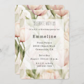 赤面かわいらしピンククリームチューリップフローラ誕生日 招待状 (正面/裏面)