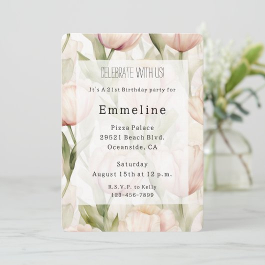 赤面かわいらしピンククリームチューリップフローラ誕生日 招待状 (スタンド正面)