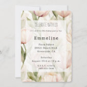 赤面かわいらしピンククリームチューリップフローラ誕生日 招待状 (正面)