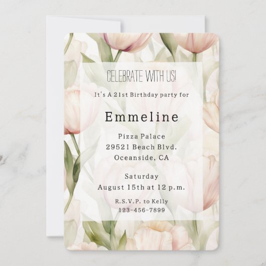赤面かわいらしピンククリームチューリップフローラ誕生日 招待状 (正面)