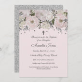赤面かわいらしピンクシルバーフローラバプテスマ 招待状 (正面/裏面)