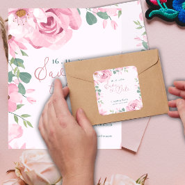 赤面かわいらしピンクフローラ結婚式の日付を保存 スクエアシール