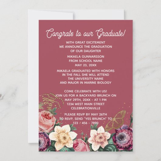 赤面かわいらしピンクボタニカルフローラボホ卒業 案内状 (裏面)