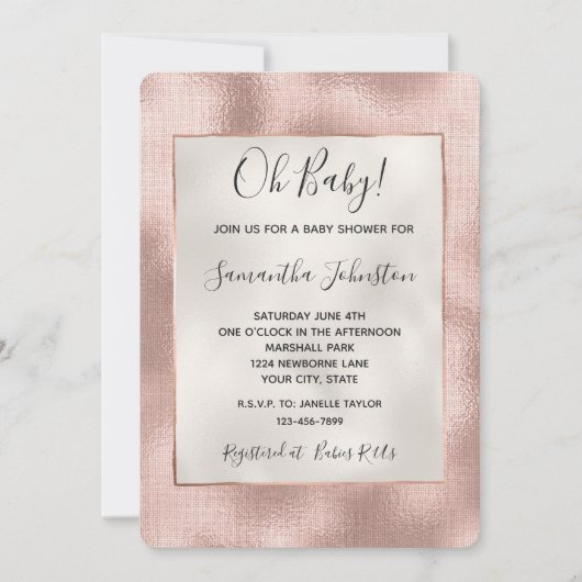 赤面かわいらしピンクローズ金ゴールドベビーシャワー 招待状 (正面)