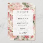 赤面かわいらしピンクローゼスフローラ誕生日 招待状 (正面/裏面)