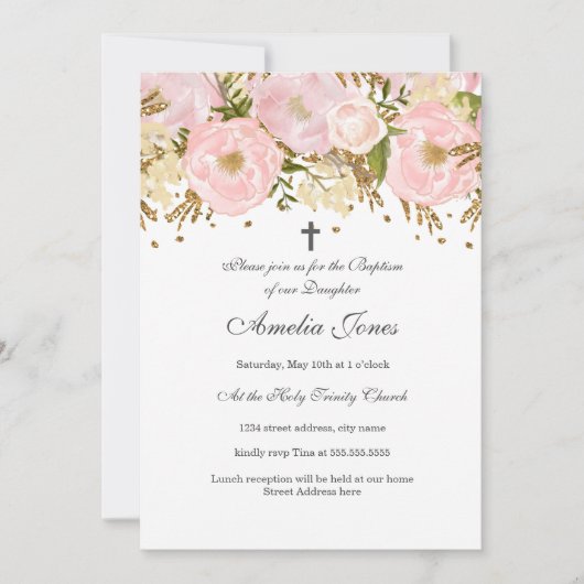 赤面かわいらしピンク金ゴールドフローラガールバプテスマ 招待状 (正面)