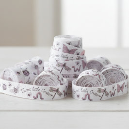 赤面かわいらしピンク&セージ昆虫モノグラガーリーム グログランリボン