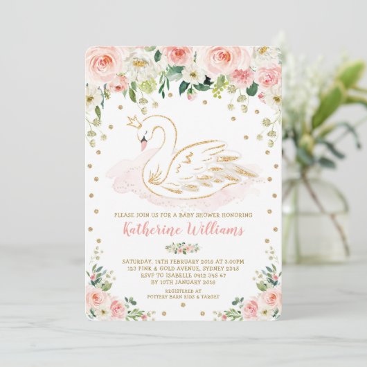 赤面かわいらしフローラスワンプリンセスガールベビーシャワー 招待状 (スタンド正面)