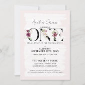 赤面かわいらしフローラワンベビーガールズファースト誕生日 招待状 (正面)