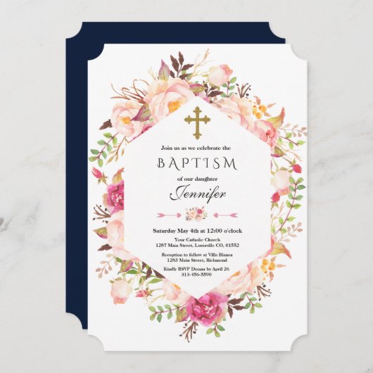 赤面かわいらしフローラ幾何ダスティブルーバプテスマ 招待状 (正面/裏面)