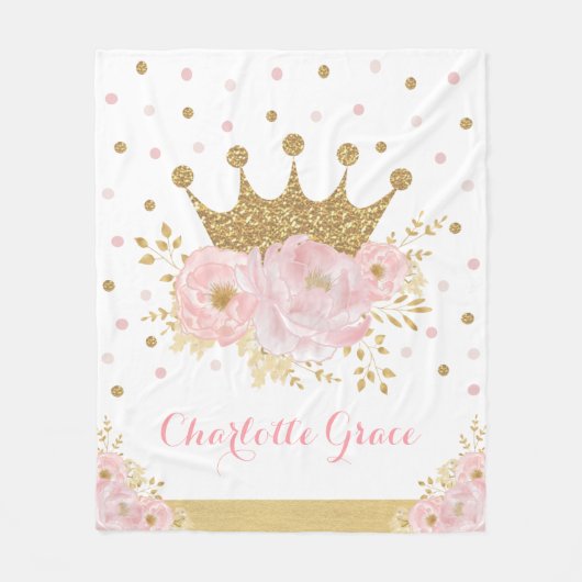 赤面かわいらしフローラ王室のプリンセス金ゴールドクラウンガール フリースブランケット (正面)