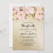 赤面かわいらし金ゴールドピンクフローラ30th誕生日 招待状 (正面)