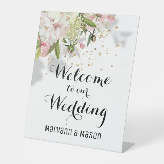 赤面きらめくと白の歓迎が我々の結婚に 台座サイン (正面)