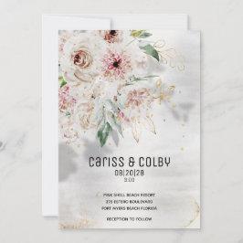 赤面きらめくホワイト&グリーンリーウェディング招待 案内状