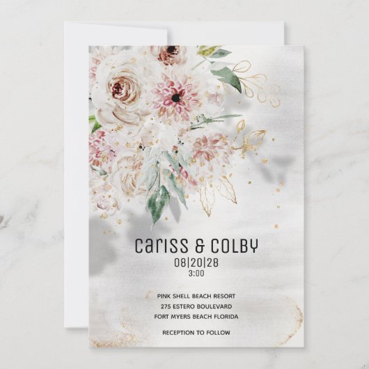 赤面きらめくホワイト&グリーンリーウェディング招待 案内状 (正面)