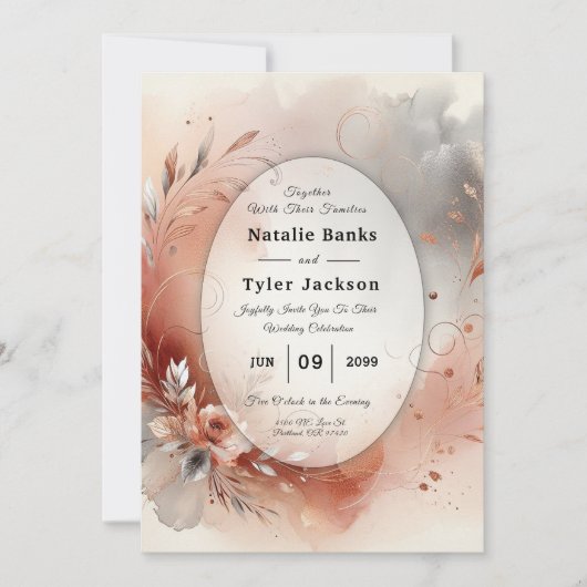 赤面した花びらと銀の渦巻結婚き旋回 招待状 (正面)